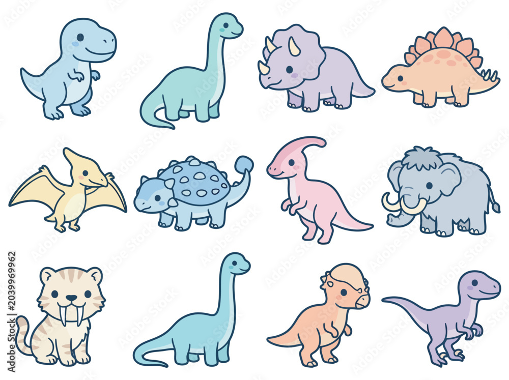 Obraz premium Cute Prehistoric Dinosaur Character Collection Set Cartoon Illustrations