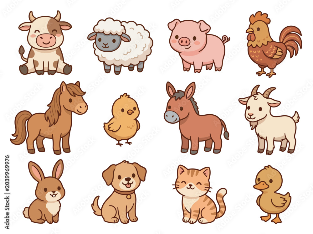 Obraz premium Adorable Farmyard Animal Vector Pack Featuring Domestic Creatures Pets and Livestock for Preschool Kids Illustration Projects