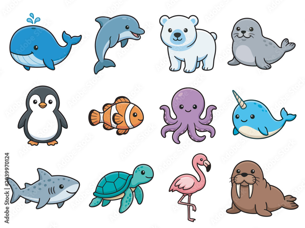 Fototapeta premium Group of Cute Cartoon Sea Animals Including Whale Dolphin Polar Bear Seal Penguin Clownfish Octopus Narwhal Shark Turtle Flamingo and Walrus Vector Art