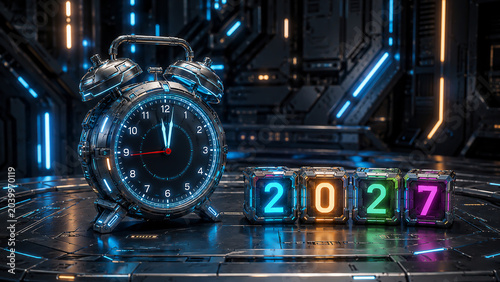New Year 2027 Creative Futuristic Design Concept with Alarm Clock 