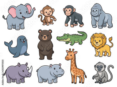 Canvas Print Cartoon Wild Animals Collection Featuring Elephant Monkey Chimpanzee Gorilla Sea