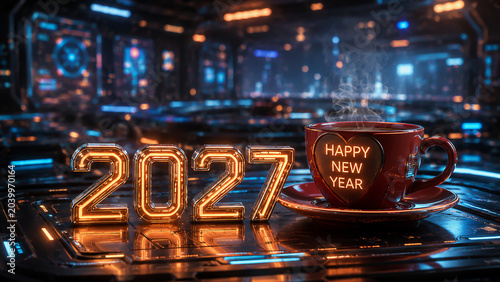 New Year 2027 Creative Futuristic Design Concept with coffee cup 