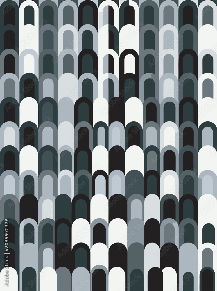 Obraz premium Minimalist Monochrome Geometric Pattern with Overlapping Vertical Rounded Arch Shapes