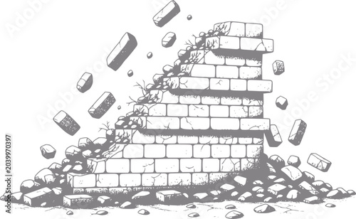 Tableau sur toile Crumbling stone staircase with falling bricks and debris