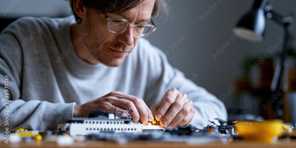 Naklejka premium A focused adult meticulously assembling a LEGO model, showcasing creativity, concentration, and the joy of engaging in a hands-on hobby.