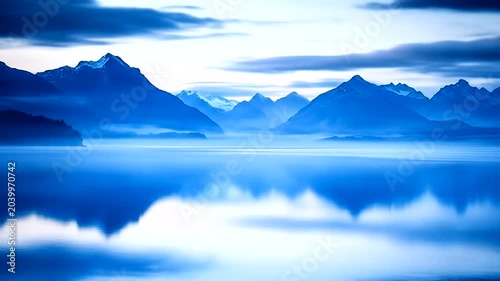 Serene Blue Landscape - Mountains and Lake Reflection.