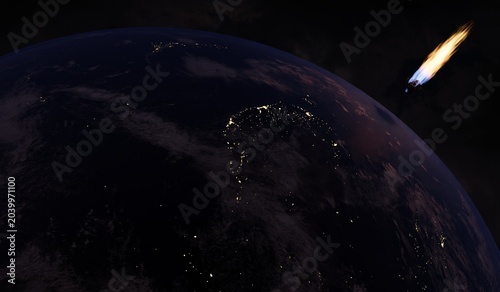 Bild auf Leinwand Meteor shower, collision with Earth, orbit, meteorite, 3D illustration