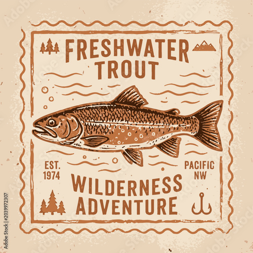 Freshwater Trout Postage Stamp Style Badge For Wilderness Adventure In The Pacific Northwest
