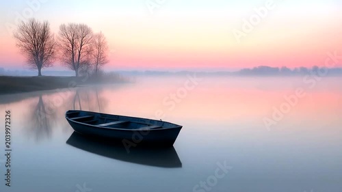 Serene Boat on Misty Lake at Sunrise Tranquil Dawn Landscape.