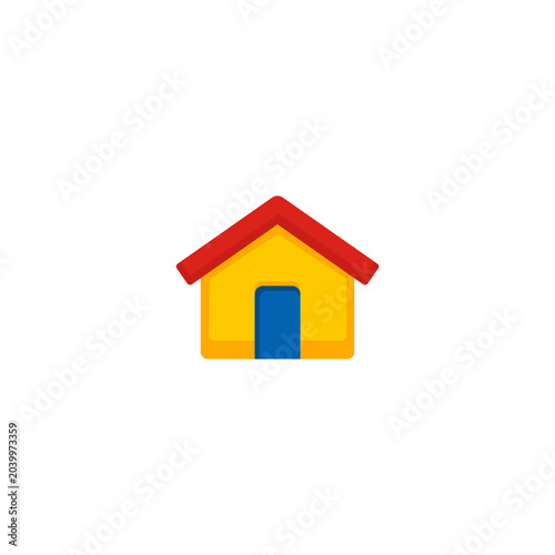Simple house or home flat icon. Vector illustration of a colorful cottage building with a red roof, yellow walls, and a blue door. Concept of homepage navigation, real estate property.