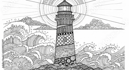 Schilderij op canvas Detailed lighthouse illustration with radiating light beams.