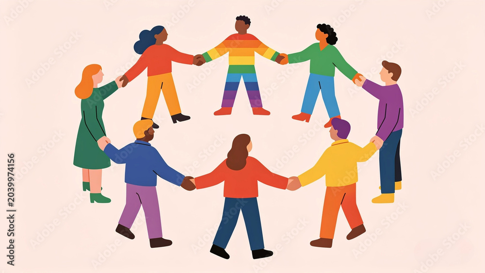 Fototapeta premium Diverse people holding hands in a circle with vibrant rainbow colors for corporate Pride design.