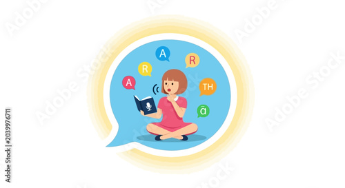 Young girl reading aloud with speech bubble containing letter illustrations