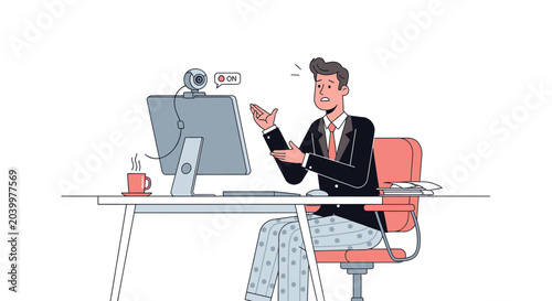 Man working at desk confused by video call computer and webcam setup