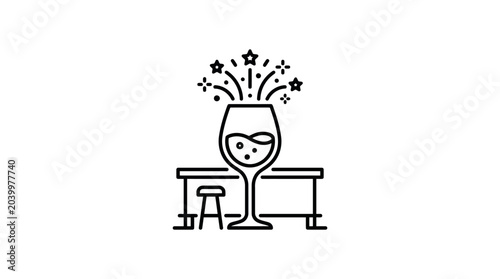 Elegant wine glass icon with festive fireworks display on white background