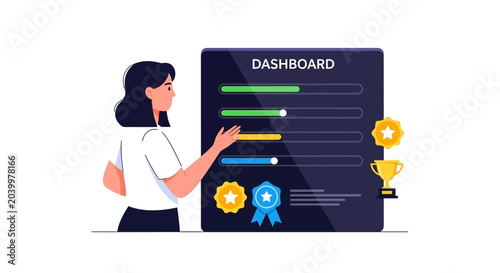 Woman analyzing dashboard with progress bars and awards isolated design