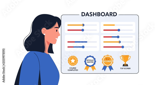 Woman viewing dashboard with progress bars and achievement badges