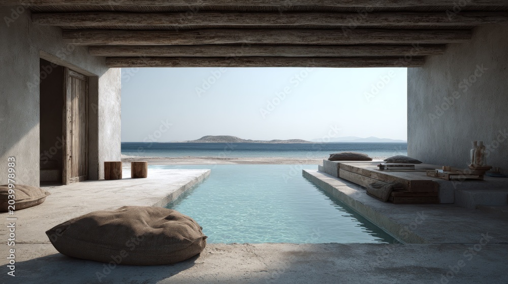 Fototapeta premium Interior space features rustic architecture opening onto a serene coastal vista with clear water