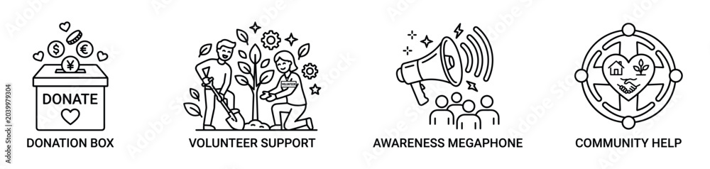 Naklejka premium Charity and donation giving philanthropic support icons