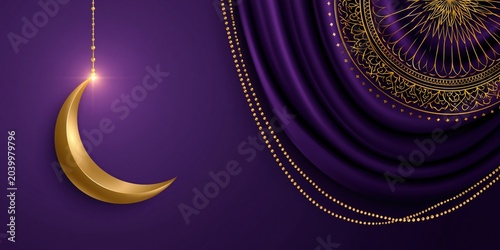 An artistic representation of a golden crescent moon hanging above luxurious purple drapery, creating a serene and mystical atmosphere, ideal for artistic projects.