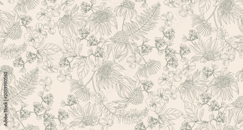 Flowers and leaves in vintage style, seamless pattern.