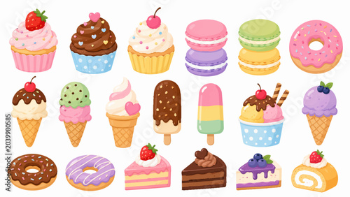 Tapety artystyczne スイーツ＆デザートベクターイラストセット（カップケーキ・マカロン・ドーナツ・アイス）