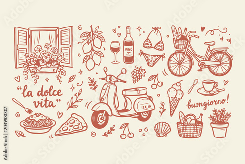 Schilderij op canvas La dolce vita italian lifestyle doodle collection with scooter bicycle food and