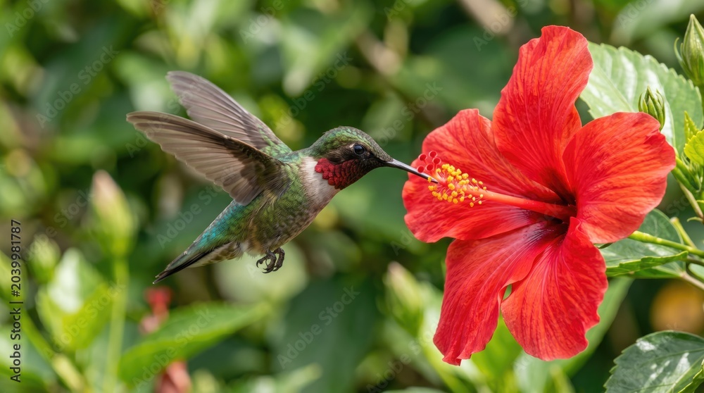 Fototapeta premium Hummingbird feeding on red hibiscus flower in garden