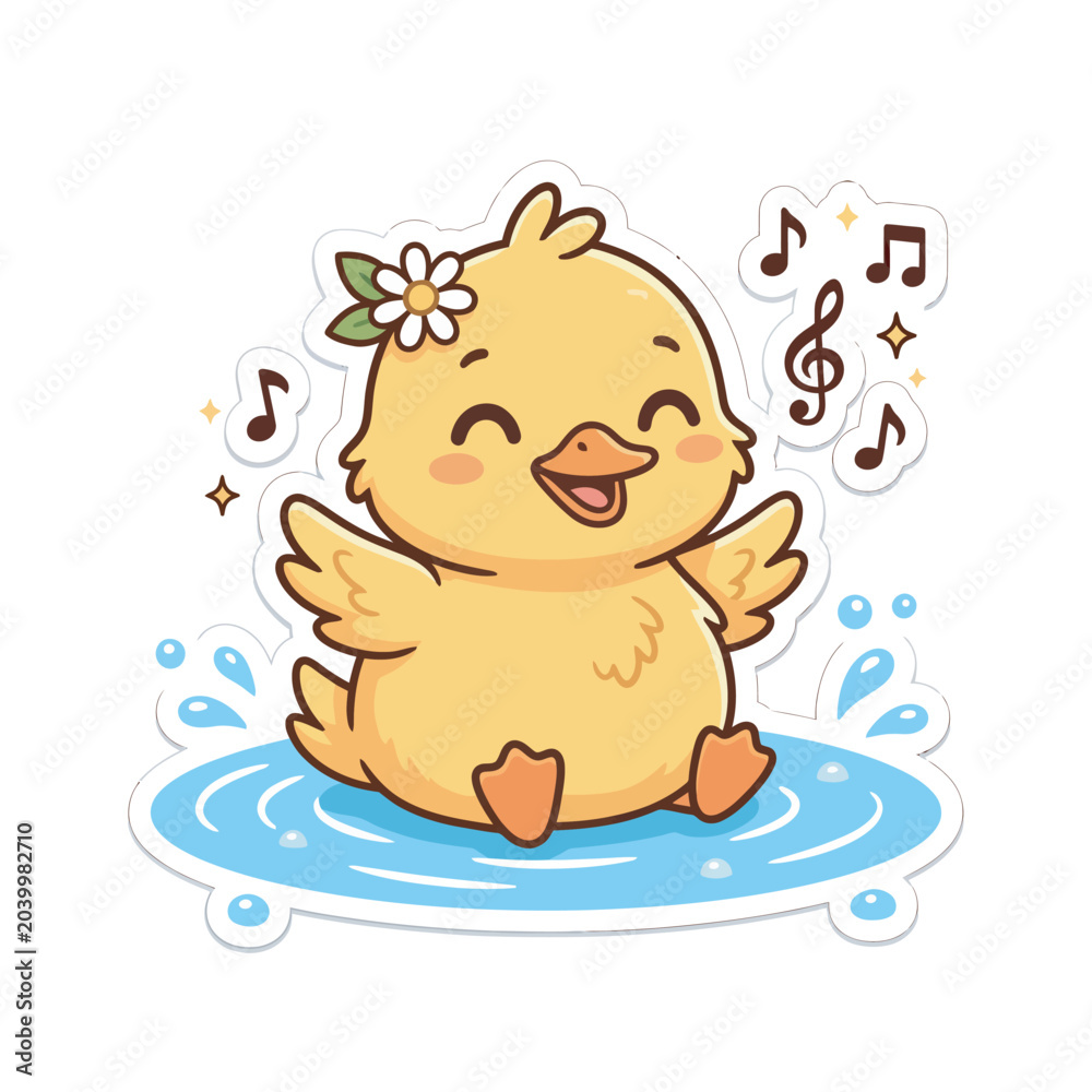 Fototapeta premium Kawaii Duckling Playing in Water Splash with Musical Notes and Flower Cute Cartoon Vector Sticker