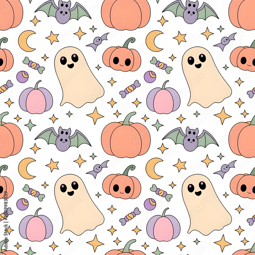 Obraz premium Cute Pastel Halloween Seamless Pattern with Pumpkins Bats and Stars