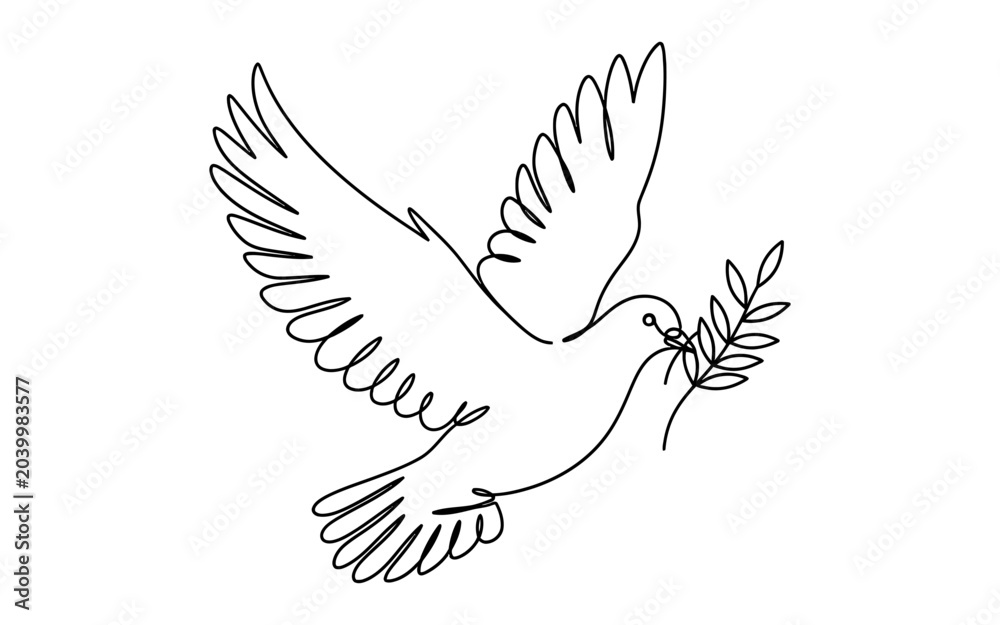 Obraz premium Continuous single line drawing of a flying dove carrying an olive branch for international peace day vector illustration design Peace Day
