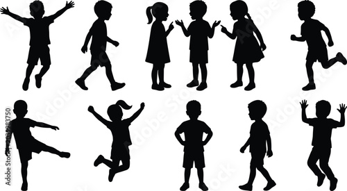 Εκτύπωση καμβά Happy Kids Silhouettes Vector Collection with Children Jumping Running Walking a