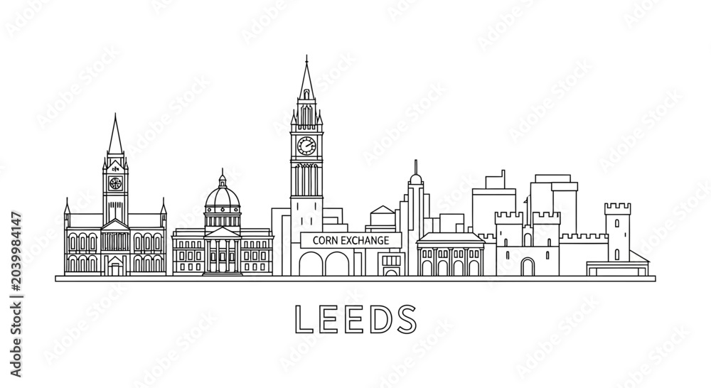 Fototapeta premium Leeds England City Skyline Line Art Vector Illustration