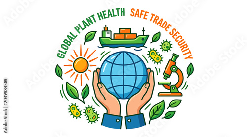 Global plant health and safe trade security concept with hands holding globe surrounded by leaves and germs