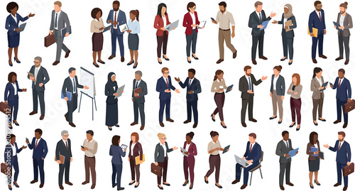 Isometric business people set with diverse office workers standing and interacting in professional corporate work environment vector