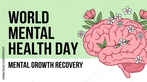 World Mental Health Day brain with flowers for mental growth recovery awareness campaign