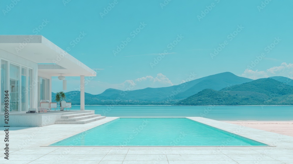 Fototapeta premium Modern luxury residence overlooks serene coastal landscape with infinity swimming pool