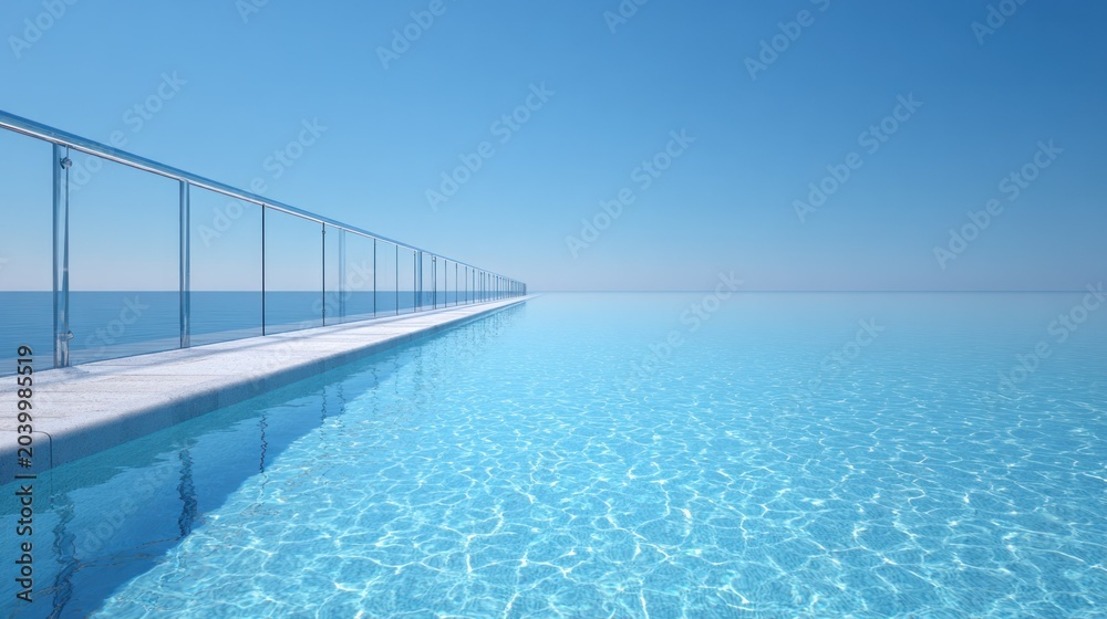 Fototapeta premium Clean geometric architecture defines an azure infinity pool merging with the distant ocean horizon under a bright sky