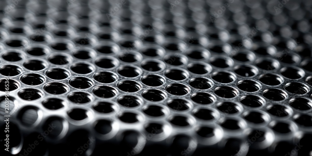 Obraz premium This close-up image showcases a perforated metal sheet, emphasizing geometric patterns and textures that reflect industrial strength, modern design, and artistic potential.