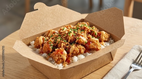 French Crousty Food. Delicious Fried Chicken Rice Bowl With Fresh Vegetables And Herbs, Served In A Rustic Bowl.