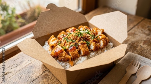 French Crousty Food. Delicious Fried Chicken Rice Bowl With Fresh Vegetables And Herbs, Served In A Rustic Bowl.