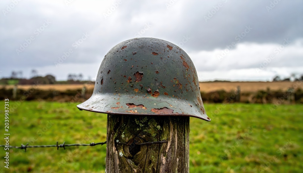 Fototapeta premium Worn WWII steel helmet, rusted and dented, resting on a wooden post in a grassy field with a cloudy sky