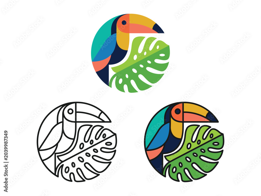 Fototapeta premium Toucan Bird Monstera Leaf Logo Set, Tropical Flat Vector Illustration Template