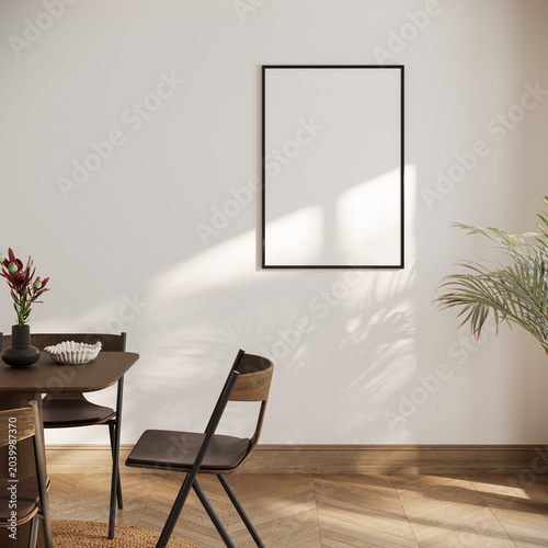 Blank poster frame mockup displayed on a neutral dining room wall with wooden table, chairs, indoor plants, soft sunlight shadows and elegant minimal interior styling, 3d rendering