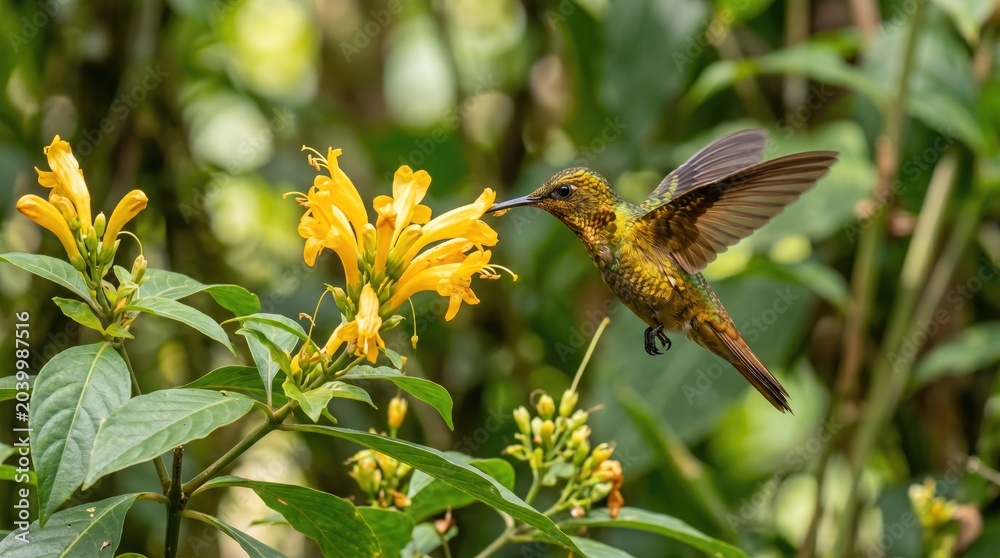 Fototapeta premium Hummingbird feeding on yellow flowers in a lush green garden