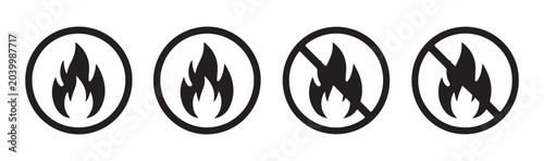 Set of circle icons with fire flame symbols and forbidden signs for danger warning or alert designs.