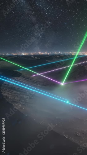 Neon Laser Beams Shining Over a Dark Desert Night