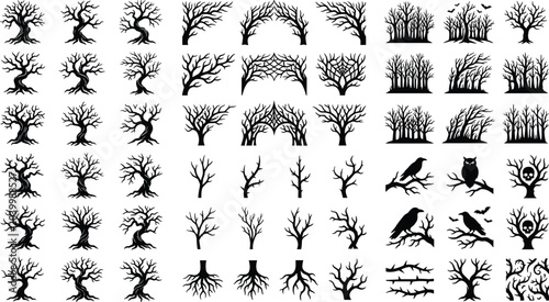Cuadro en lienzo Spooky Halloween Dead Tree Silhouette Collection with Crow Owl Bat Skull Vector