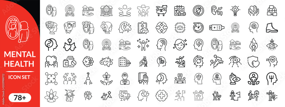 Fototapeta premium Mental health icon set. Containing depression, bipolar, PTSD, panic and mind disorder icons. Psychology solid symbol vector illustration