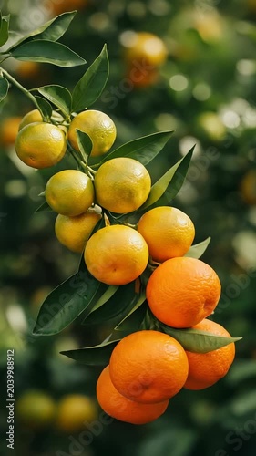 Fresh Ripe Tangerines Hanging on a Tree Branch